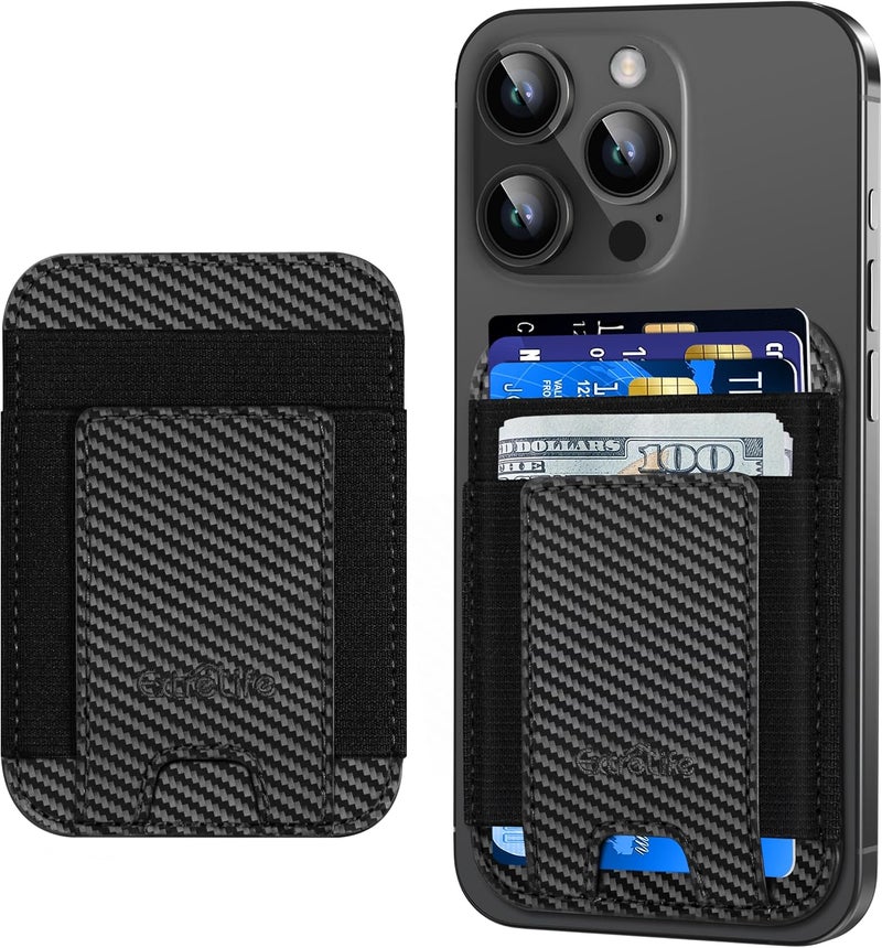ExtreLife Phone Card Holder, Leather Phone Wallet Stick On, Stronger Adhesive Card Holder for Back of Phone, Credit Card Holder for Phone Case iPhone, Samsung, RFID Blocking, Fit 7 Cards, Black Carbon Fiber - Image 1